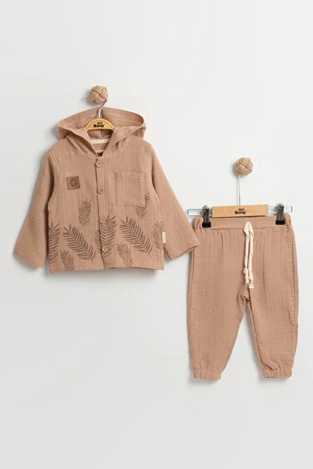 Doğal Yaprak Baskılı Uzun Kollu Bebek Gömlek Takımı 9-12-18 Ay - %100 Pamuk Müslin Yazlık Set Seri -990-Kahverengi