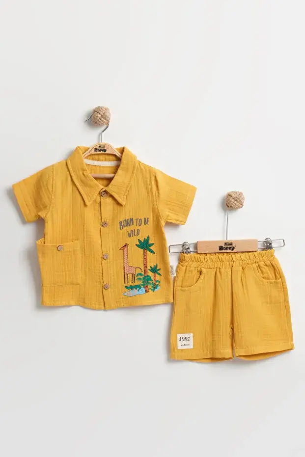 Organik %100 Pamuk Zürafa Baskılı Cepli Erkek Bebek Yazlık Takımı (9-12-18 Ay) - Müslin Kumaş 984-Sarı
