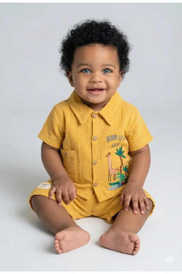 Organik %100 Pamuk Zürafa Baskılı Cepli Erkek Bebek Yazlık Takımı (9-12-18 Ay) - Müslin Kumaş 984-Sarı