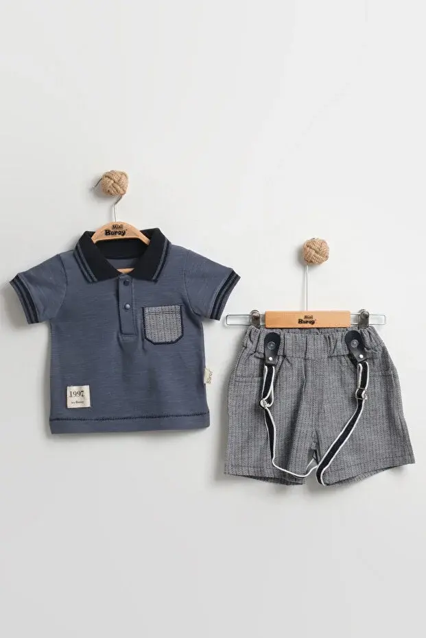 Lacost Tarz Askılı Erkek Bebek Şortlu Yazlık Takım 9-12-18 Ay - %100 Organik Pamuk Seri -952-koyu gri