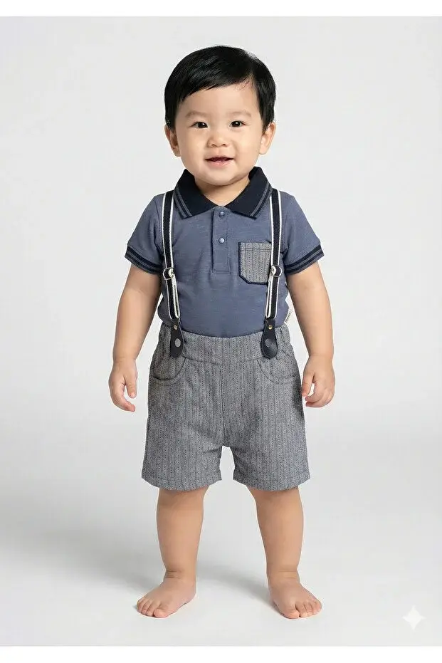 Lacost Tarz Askılı Erkek Bebek Şortlu Yazlık Takım 9-12-18 Ay - %100 Organik Pamuk Seri -952-koyu gri