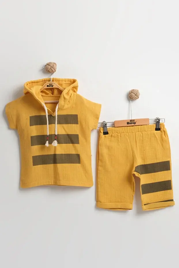 Erkek Çocuklar İçin Çizgili Kapüşonlu Yazlık Müslin Takım (2-3-4-5 Yaş) - Ultra Yumuşak Seri - 951-Sarı