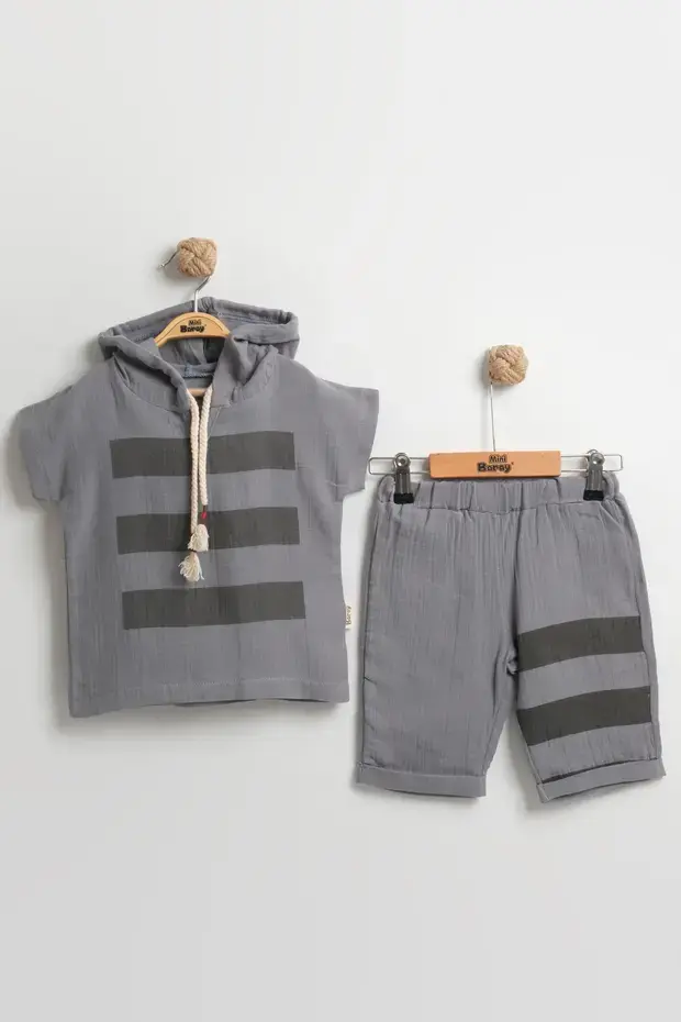 Erkek Çocuklar İçin Çizgili Kapüşonlu Yazlık Müslin Takım (2-3-4-5 Yaş) - Ultra Yumuşak Seri - 951-Koyu Gri