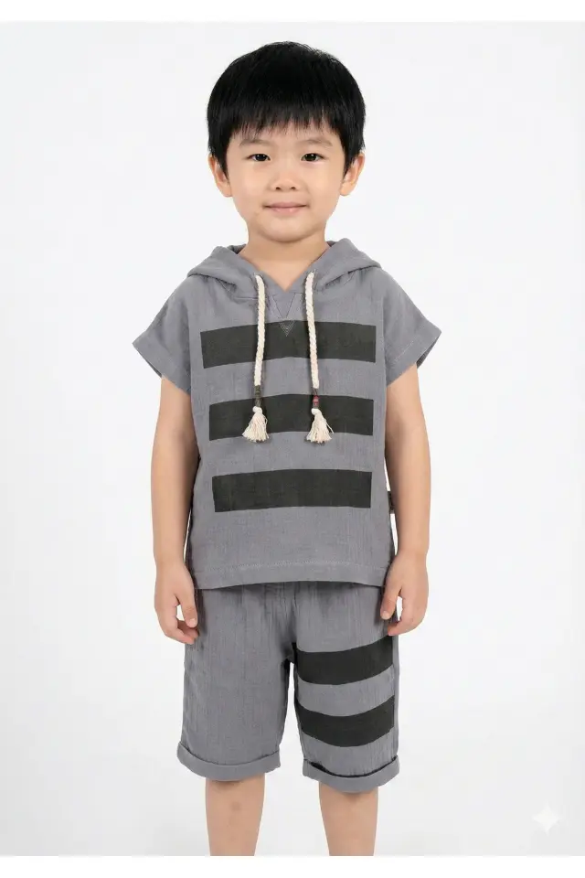 Erkek Çocuklar İçin Çizgili Kapüşonlu Yazlık Müslin Takım (2-3-4-5 Yaş) - Ultra Yumuşak Seri - 951-Koyu Gri
