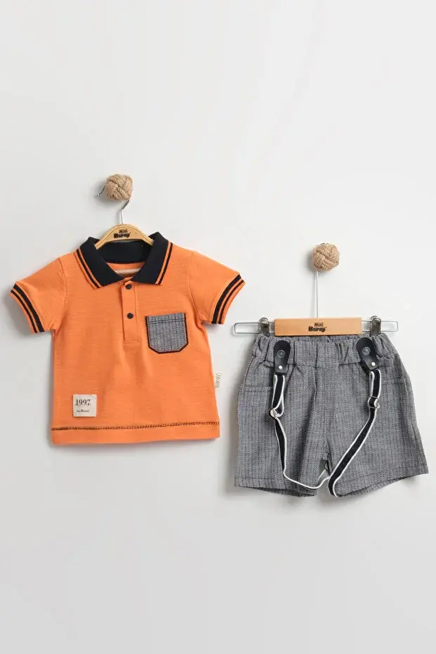 Lacost Tarz Askılı Erkek Bebek Şortlu Yazlık Takım 9-12-18 Ay - %100 Organik Pamuk Seri -952-Turuncu
