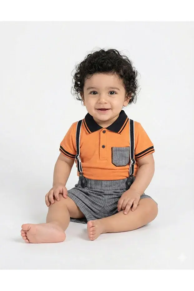 Lacost Tarz Askılı Erkek Bebek Şortlu Yazlık Takım 9-12-18 Ay - %100 Organik Pamuk Seri -952-Turuncu
