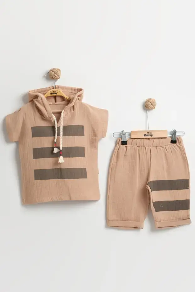 Erkek Çocuklar İçin Çizgili Kapüşonlu Yazlık Müslin Takım (2-3-4-5 Yaş) - Ultra Yumuşak Seri - 951-Bej