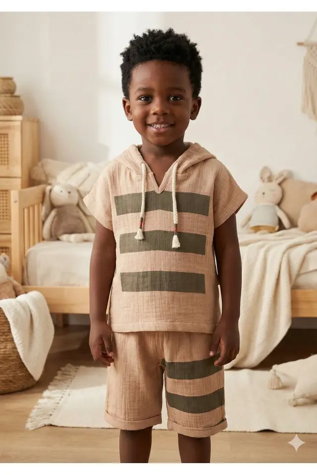 Erkek Çocuklar İçin Çizgili Kapüşonlu Yazlık Müslin Takım (2-3-4-5 Yaş) - Ultra Yumuşak Seri - 951-Bej