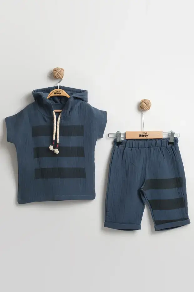 Erkek Çocuklar İçin Çizgili Kapüşonlu Yazlık Müslin Takım (2-3-4-5 Yaş) - Ultra Yumuşak Seri - 951-Lacivert