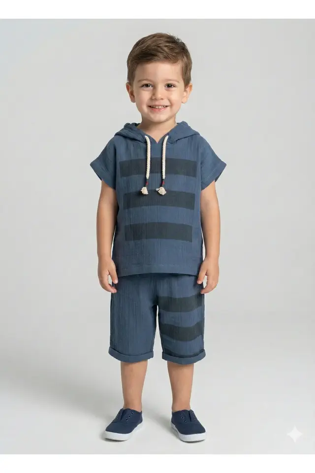 Erkek Çocuklar İçin Çizgili Kapüşonlu Yazlık Müslin Takım (2-3-4-5 Yaş) - Ultra Yumuşak Seri - 951-Lacivert