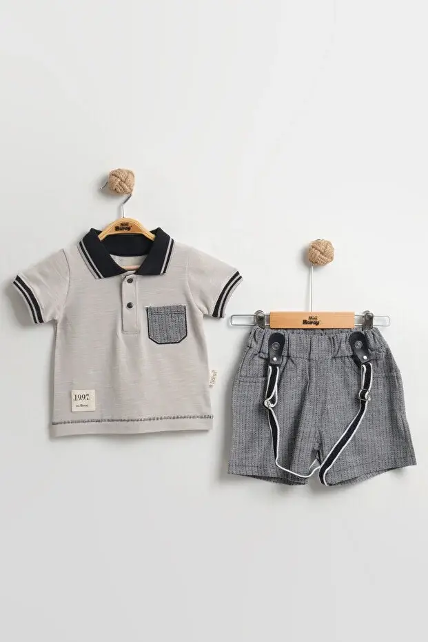 Lacost Tarz Askılı Erkek Bebek Şortlu Yazlık Takım 9-12-18 Ay - %100 Organik Pamuk Seri -952-Gri