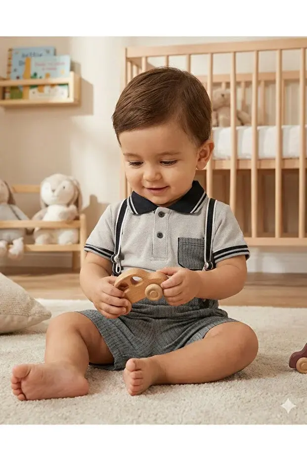 Lacost Tarz Askılı Erkek Bebek Şortlu Yazlık Takım 9-12-18 Ay - %100 Organik Pamuk Seri -952-Gri