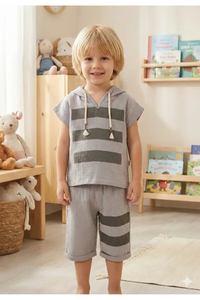 Erkek Çocuklar İçin Çizgili Kapüşonlu Yazlık Müslin Takım (2-3-4-5 Yaş) - Ultra Yumuşak Seri - 951-Gri