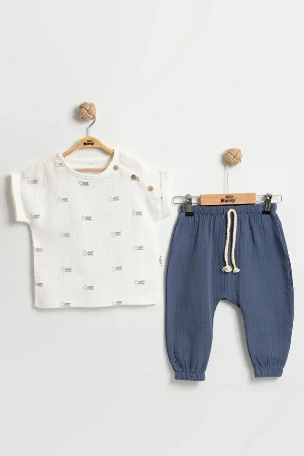 Timsah Desenli Erkek Bebek Body+Şort Takımı (9-12-18 Ay) - %100 Pamuk Müslin Yazlık Set Seri - 942-Lacivert