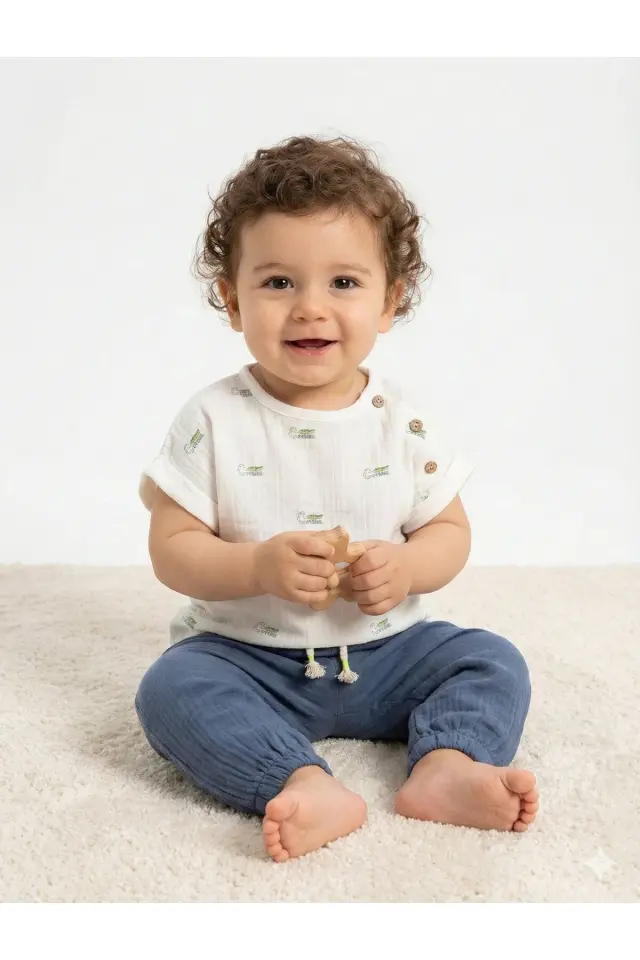 Timsah Desenli Erkek Bebek Body+Şort Takımı (9-12-18 Ay) - %100 Pamuk Müslin Yazlık Set Seri - 942-Lacivert