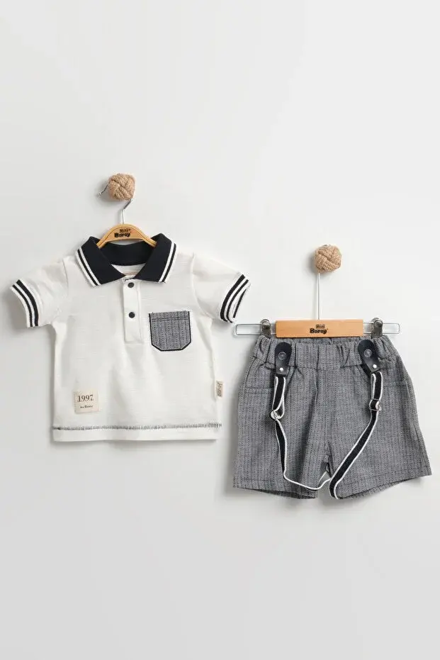 Lacost Tarz Askılı Erkek Bebek Şortlu Yazlık Takım 9-12-18 Ay - %100 Organik Pamuk Seri -952-Beyaz