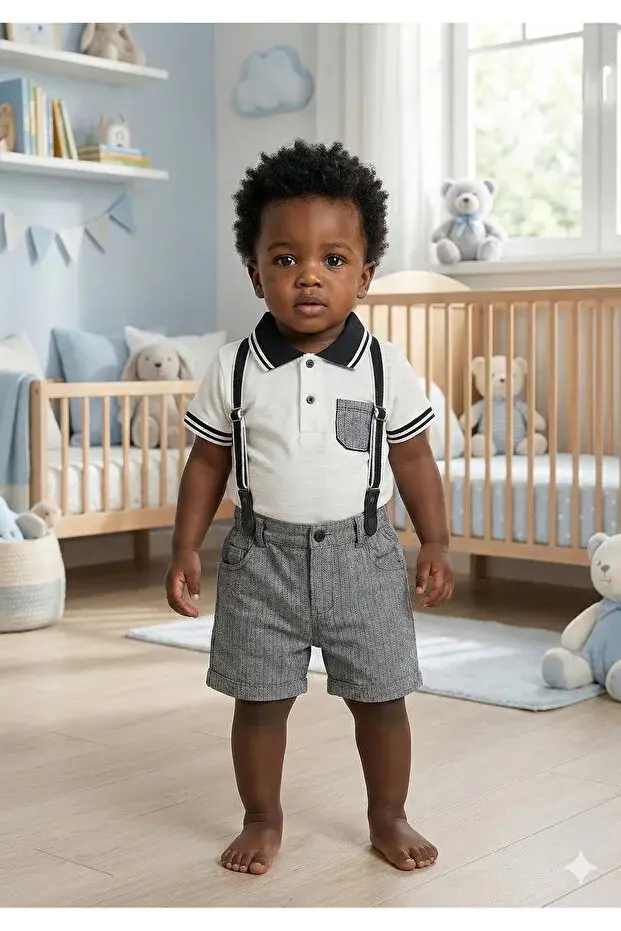 Lacost Tarz Askılı Erkek Bebek Şortlu Yazlık Takım 9-12-18 Ay - %100 Organik Pamuk Seri -952-Beyaz