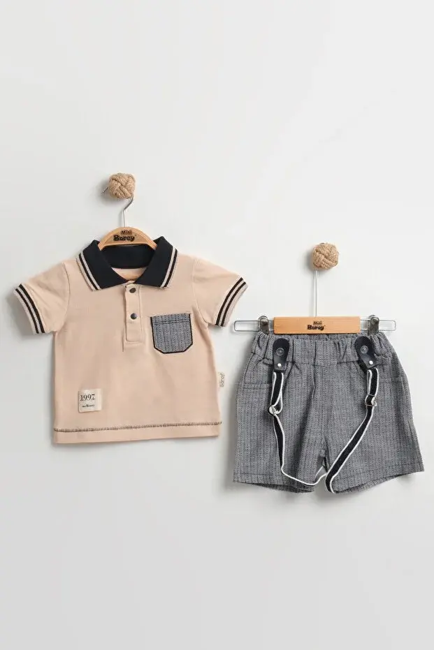 Lacost Tarz Askılı Erkek Bebek Şortlu Yazlık Takım 9-12-18 Ay - %100 Organik Pamuk Seri -952-Bej