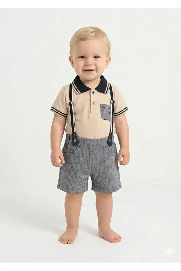 Lacost Tarz Askılı Erkek Bebek Şortlu Yazlık Takım 9-12-18 Ay - %100 Organik Pamuk Seri -952-Bej