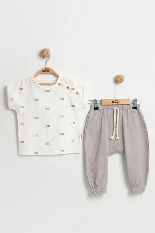 Timsah Desenli Erkek Bebek Body+Şort Takımı (9-12-18 Ay) - %100 Pamuk Müslin Yazlık Set Seri - 942-Gri