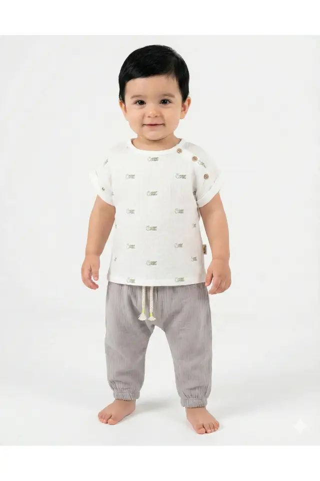 Timsah Desenli Erkek Bebek Body+Şort Takımı (9-12-18 Ay) - %100 Pamuk Müslin Yazlık Set Seri - 942-Gri