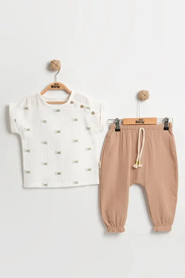 Timsah Desenli Erkek Bebek Body+Şort Takımı (9-12-18 Ay) - %100 Pamuk Müslin Yazlık Set Seri - 942-Sarı