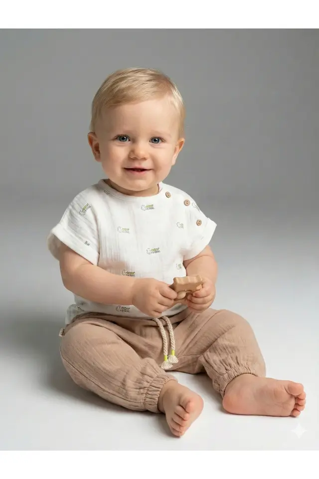 Timsah Desenli Erkek Bebek Body+Şort Takımı (9-12-18 Ay) - %100 Pamuk Müslin Yazlık Set Seri - 942-Sarı