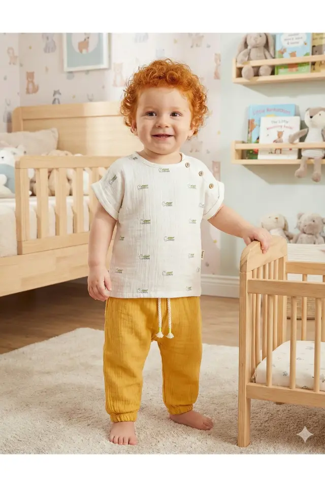 Timsah Desenli Erkek Bebek Body+Şort Takımı (9-12-18 Ay) - %100 Pamuk Müslin Yazlık Set Seri - 942-Sarı