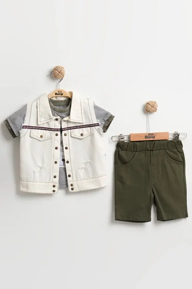 Özel Yırtık Detaylı Erkek Bebek 3'lü Yazlık Takım 9-12-18 Ay - Organik Pamuk Seri -862-Yeşil