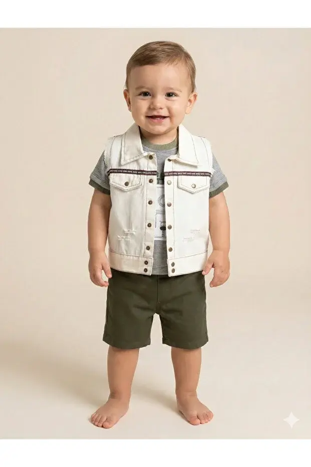 Özel Yırtık Detaylı Erkek Bebek 3'lü Yazlık Takım 9-12-18 Ay - Organik Pamuk Seri -862-Yeşil
