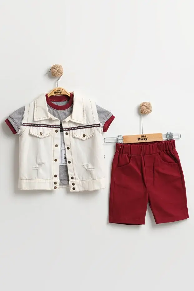 Özel Yırtık Detaylı Erkek Bebek 3'lü Yazlık Takım 9-12-18 Ay - Organik Pamuk Seri -862-Bordo