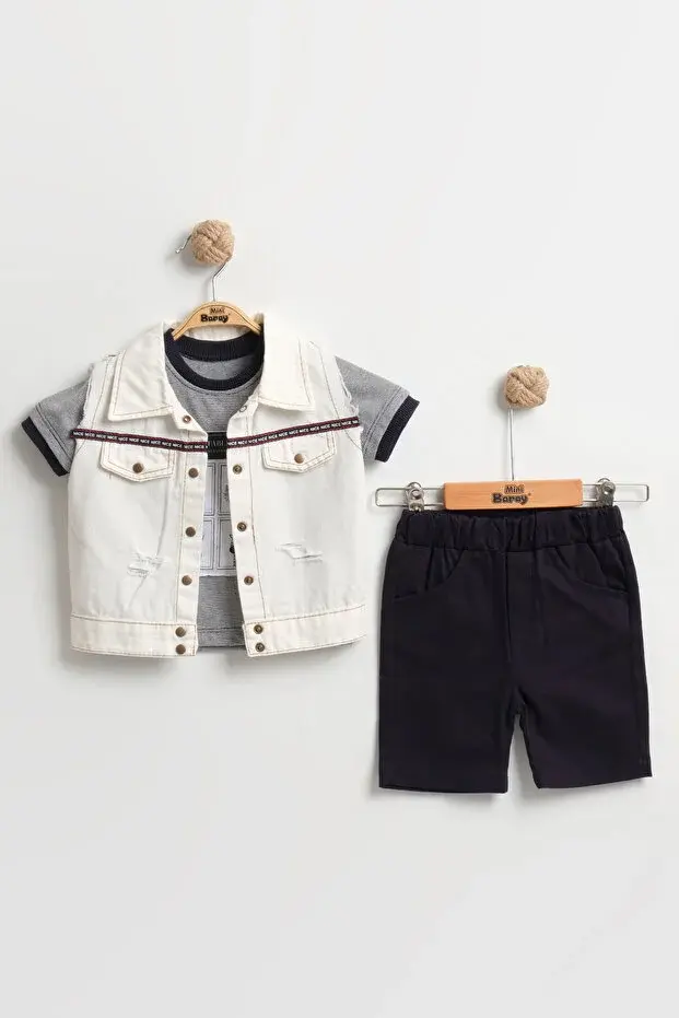 Özel Yırtık Detaylı Erkek Bebek 3'lü Yazlık Takım 9-12-18 Ay - Organik Pamuk Seri -862-Siyah