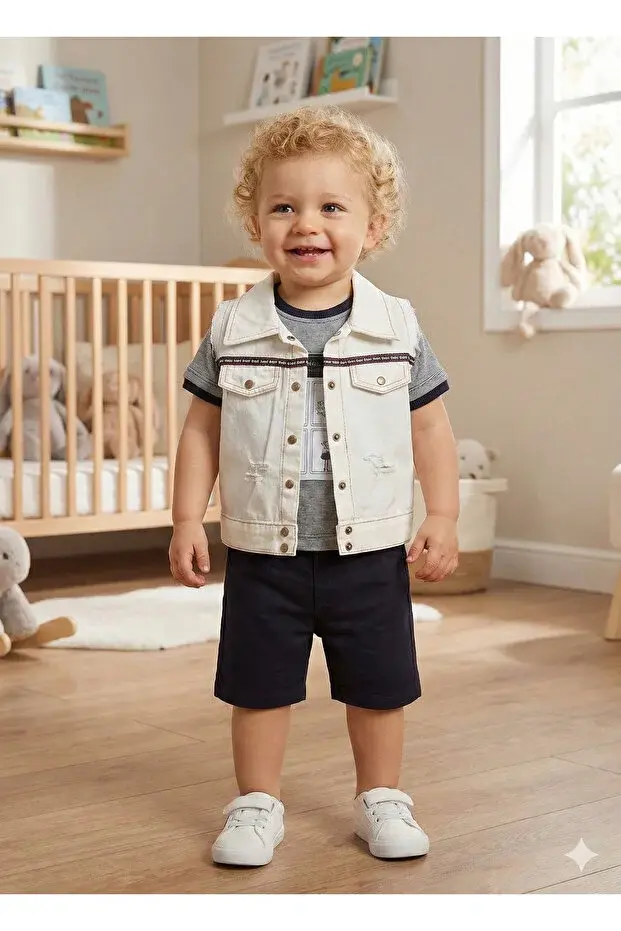 Özel Yırtık Detaylı Erkek Bebek 3'lü Yazlık Takım 9-12-18 Ay - Organik Pamuk Seri -862-Siyah