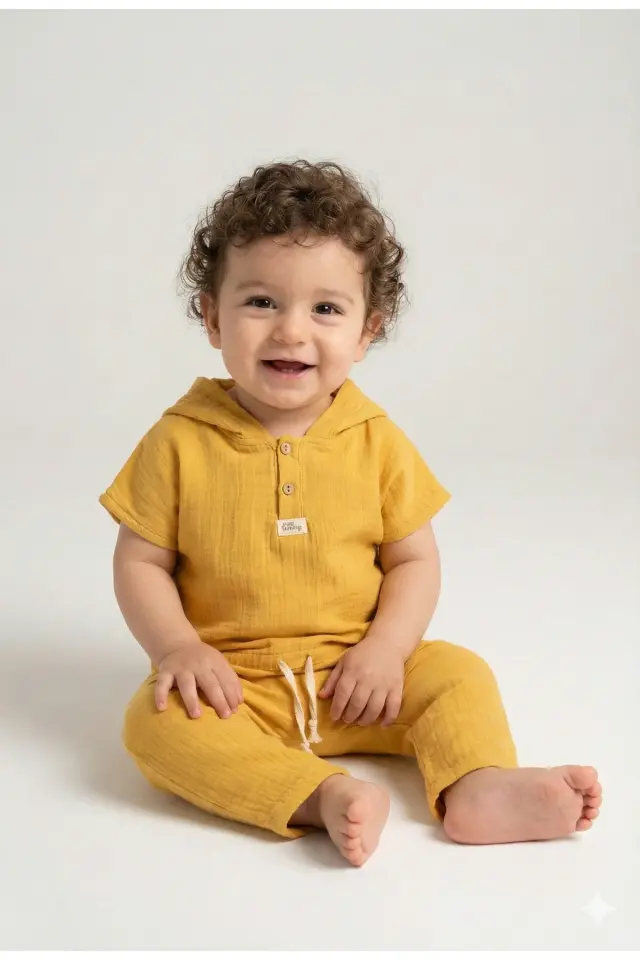 Erkek Bebekler İçin %100 Pamuk Kapüşonlu Sarı Müslin Body Takım (9-12-18 Ay)  Seri - 796-Sarı