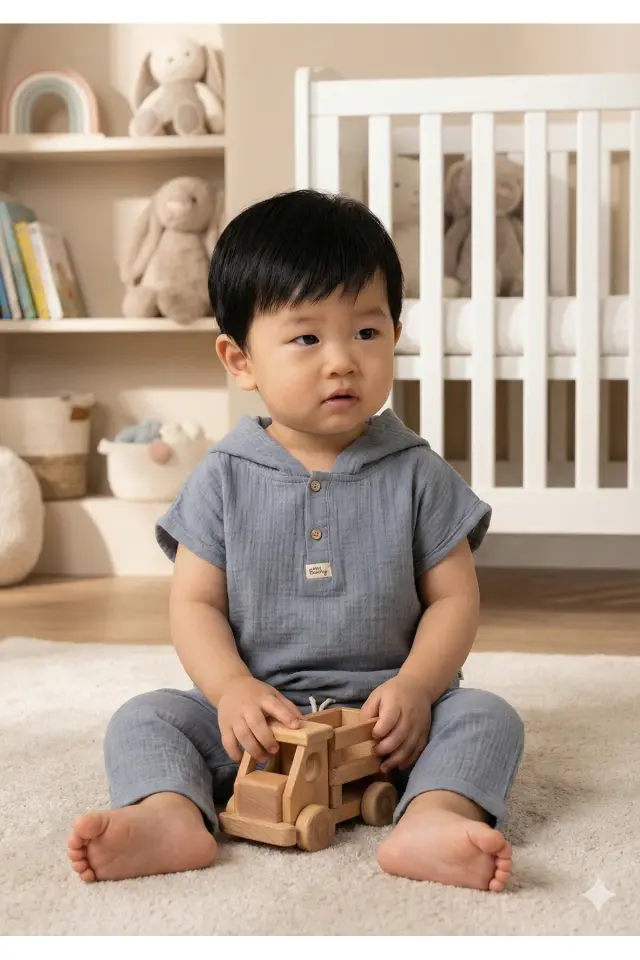 Erkek Bebekler İçin %100 Pamuk Kapüşonlu Mavi Müslin Body Takım (9-12-18 Ay) Seri - 796-Mavi