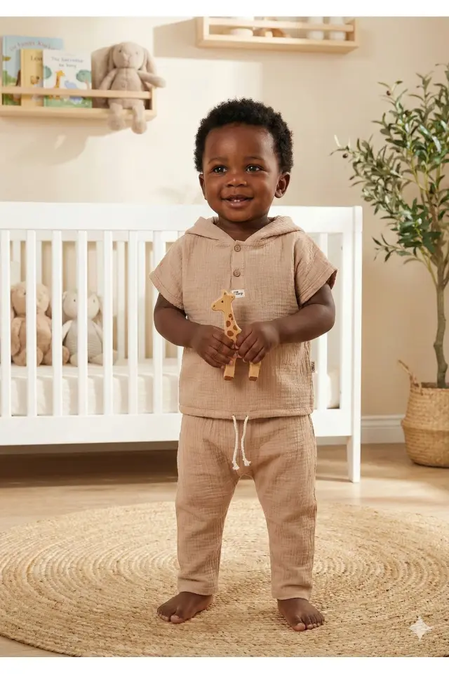 Erkek Bebekler İçin %100 Pamuk Kapüşonlu Bej Müslin Body Takım (9-12-18 Ay) Seri - 796-Sarı