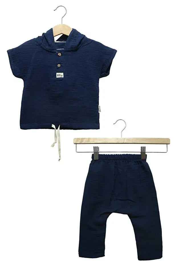 Erkek Bebekler İçin %100 Pamuk Kapüşonlu Lacivert Müslin Body Takım (9-12-18 Ay) Seri - 796-Lacivert