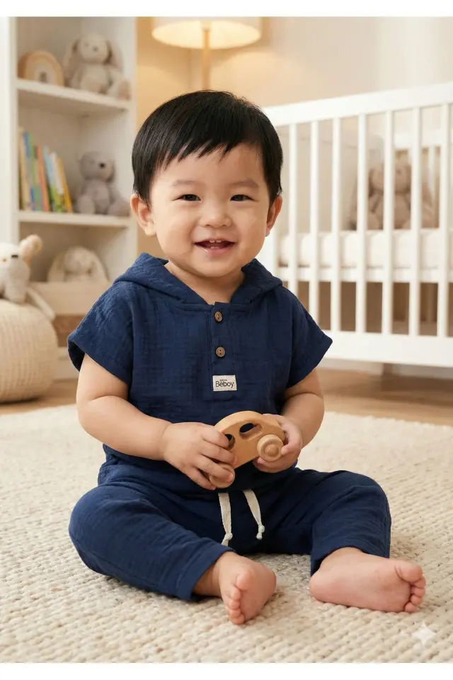 Erkek Bebekler İçin %100 Pamuk Kapüşonlu Lacivert Müslin Body Takım (9-12-18 Ay) Seri - 796-Lacivert