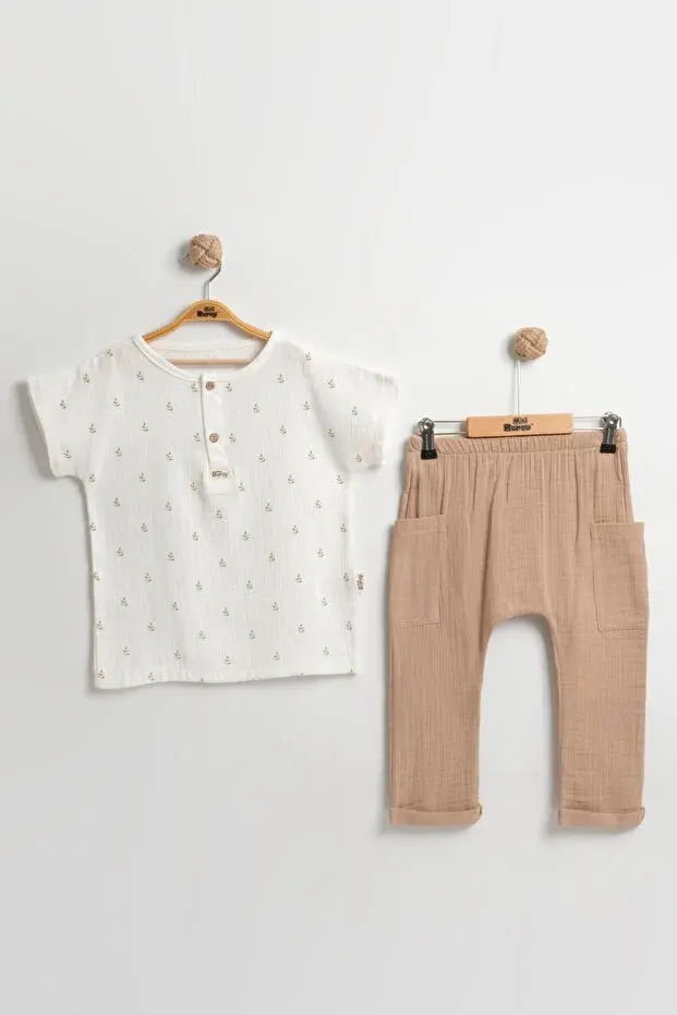 Organik Başak Desenli Erkek Bebek Bej Yazlık Takım 2-3-4-5 Yaş - %100 Pamuk Müslin Kumaş  Seri - 842-Bej