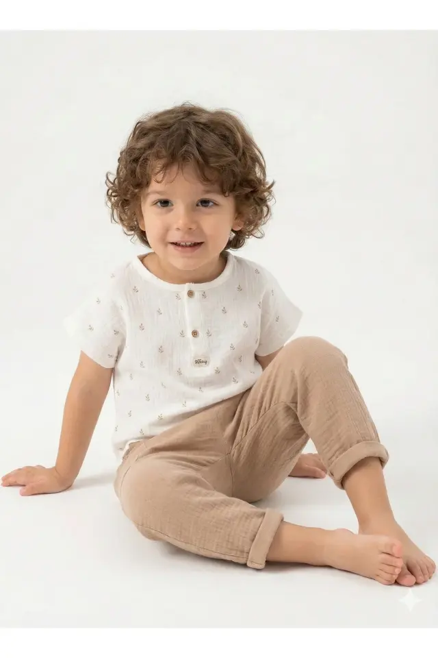Organik Başak Desenli Erkek Bebek Bej Yazlık Takım 2-3-4-5 Yaş - %100 Pamuk Müslin Kumaş  Seri - 842-Bej