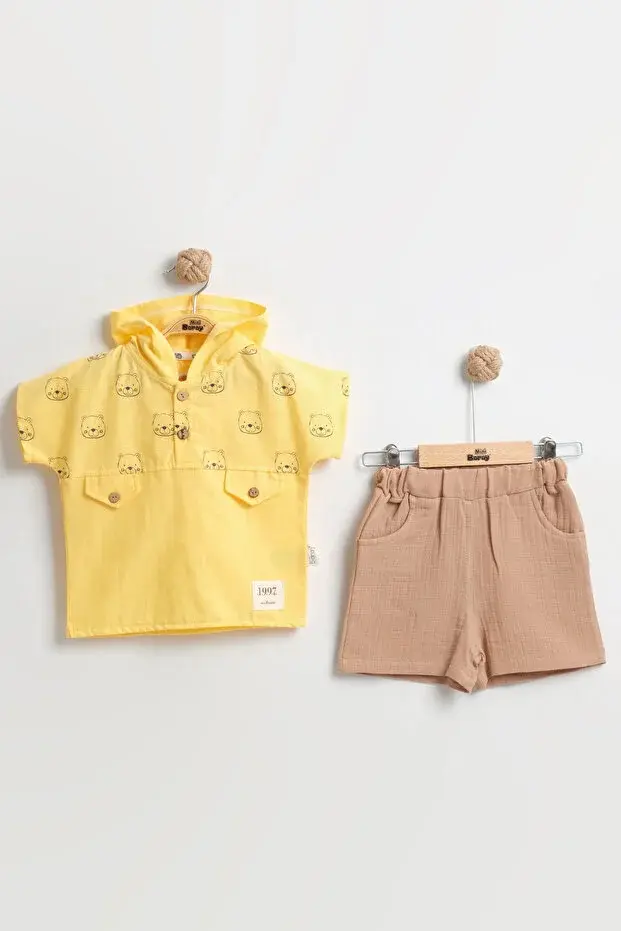 Organik Pamuklu Kapüşonlu Bebek Yazlık Sarı Şort Takımı (9-12-18 Ay) - Yumuşak Keten-Müslin Karışımı Seri - 1012-Sarı