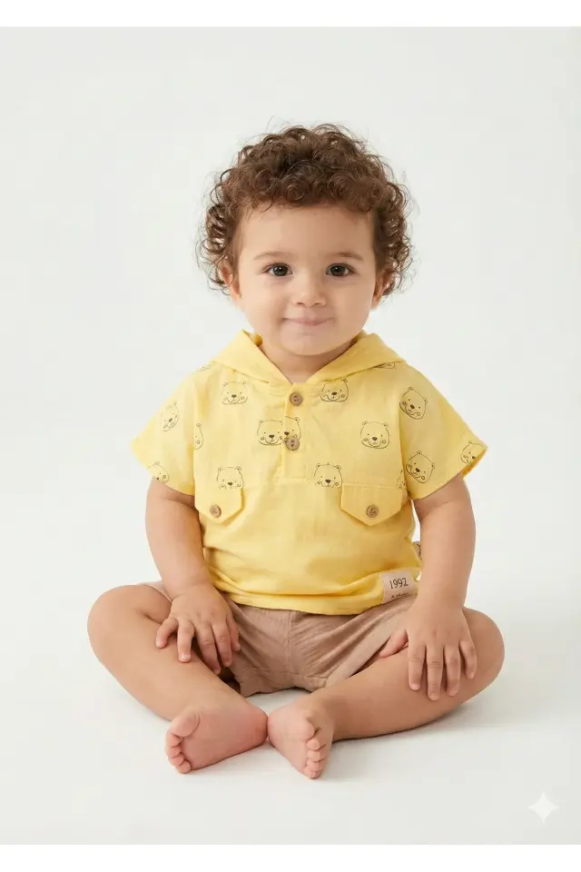 Organik Pamuklu Kapüşonlu Bebek Yazlık Sarı Şort Takımı (9-12-18 Ay) - Yumuşak Keten-Müslin Karışımı Seri - 1012-Sarı