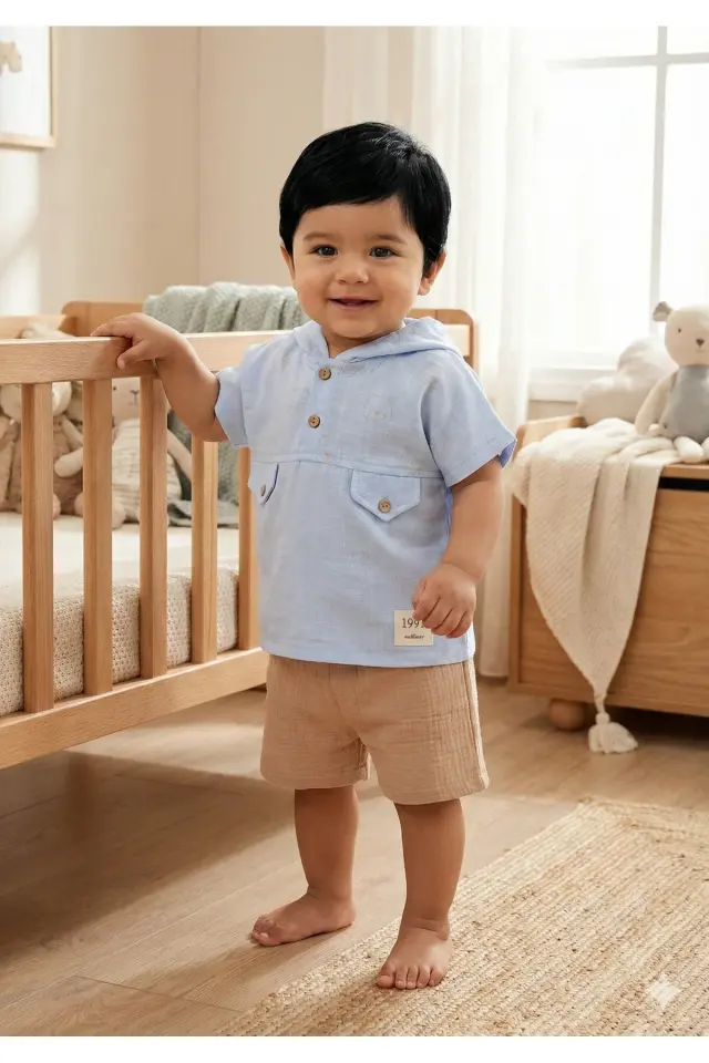 Organik Pamuklu Kapüşonlu Bebek Yazlık Mavi Şort Takımı (9-12-18 Ay) - Yumuşak Keten-Müslin Karışımı Seri - 1012-Mavi