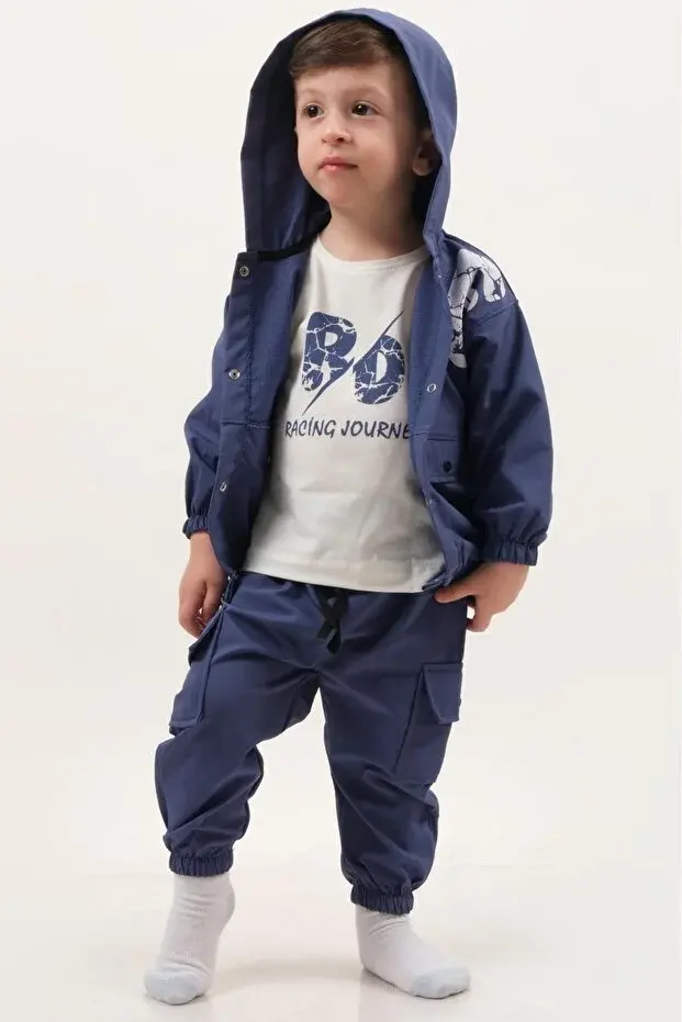 Erkek Bebek Kargo Pantolonlu Yağmurluklu Mavi 3’lü Takım (9-12-18 Ay) - Pamuklu  Seri - 1040-Mavi