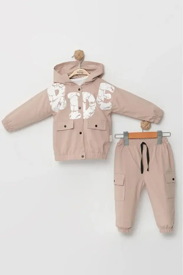 Erkek Bebek Kargo Pantolonlu Yağmurluklu Bej 3’lü Takım (9-12-18 Ay) - Pamuklu Seri - 1040-Bej