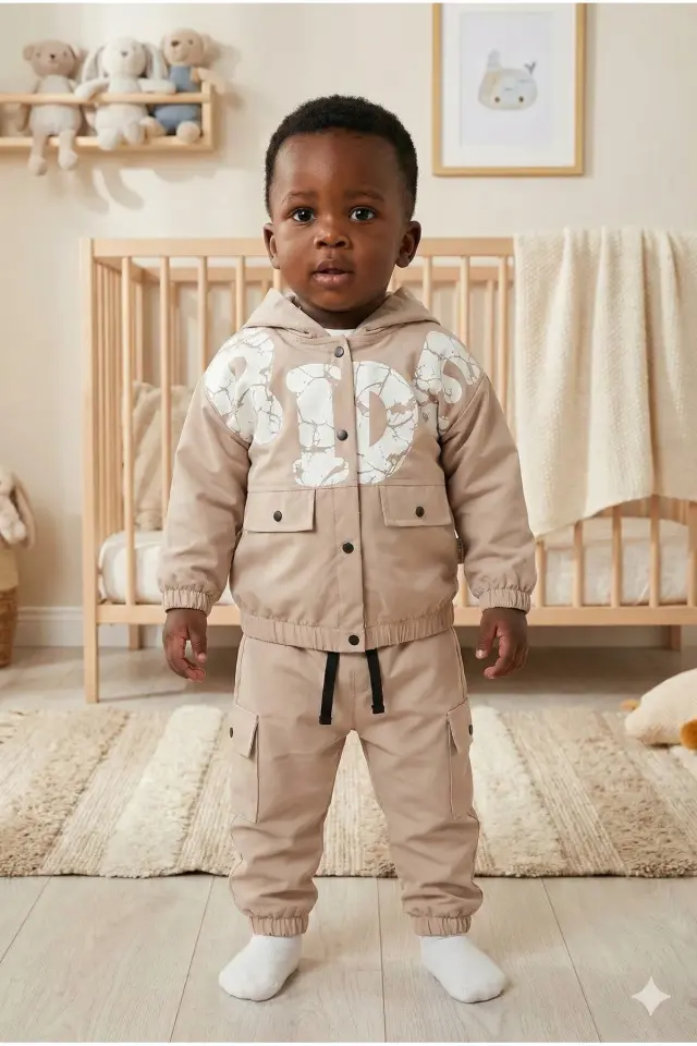 Erkek Bebek Kargo Pantolonlu Yağmurluklu Bej 3’lü Takım (9-12-18 Ay) - Pamuklu Seri - 1040-Bej