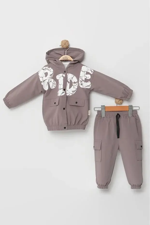 Erkek Bebek Kargo Pantolonlu Yağmurluklu Gri 3’lü Takım (9-12-18 Ay) - Pamuklu Seri - 1040-Gri