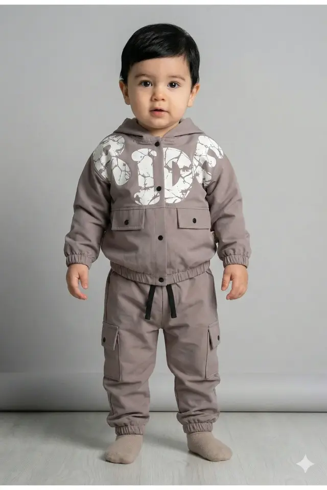 Erkek Bebek Kargo Pantolonlu Yağmurluklu Gri 3’lü Takım (9-12-18 Ay) - Pamuklu Seri - 1040-Gri