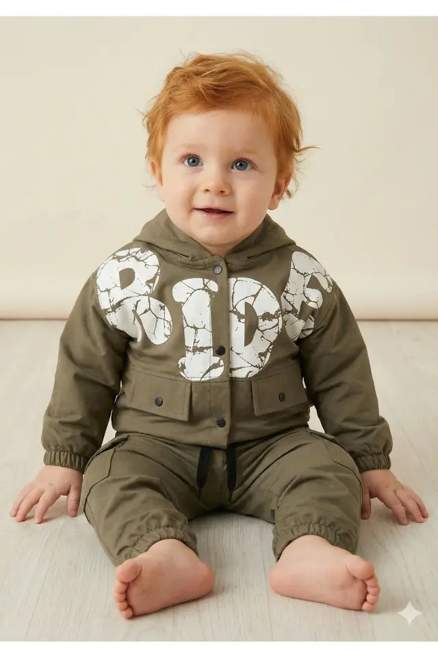 Erkek Bebek Kargo Pantolonlu Yağmurluklu Yeşil 3’lü Takım (9-12-18 Ay) - Pamuklu Seri - 1040-Yeşil