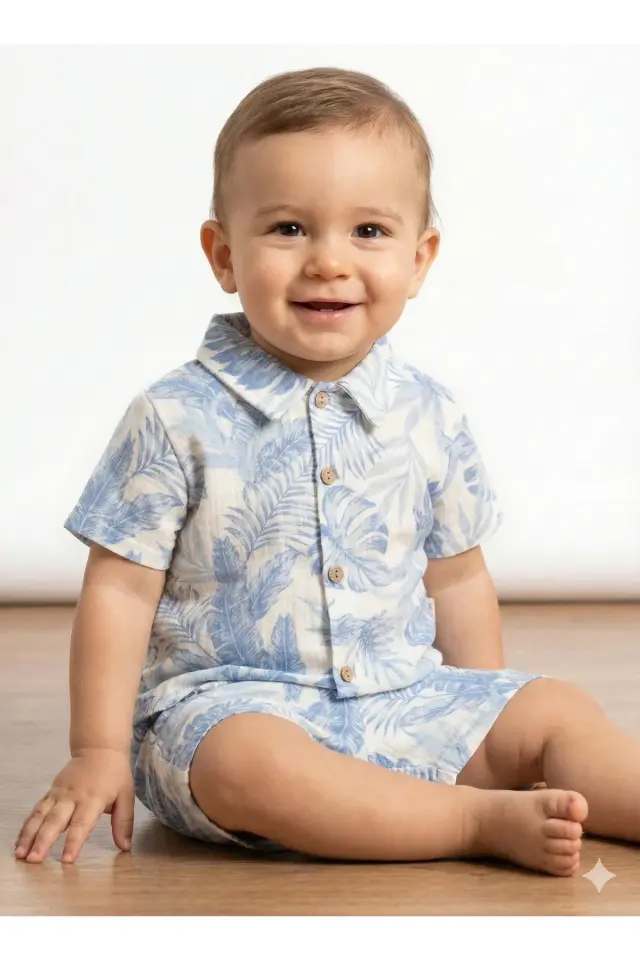 Doğal %100 Pamuk Yaprak Baskılı Şortlu Bebek Mavi Yazlık Takım (9-12-18 Ay) - Hipoaalerjenik Müslin Seri - 1107-Mavi